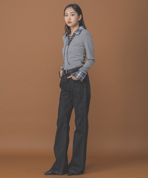 PLACE STUDIO(プレイススタジオ)の「PLACE STUDIO/スリムブーツカットパンツ(デニムパンツ・レディース・ブラック/ライトブルー・SMALL)」の5枚目の写真