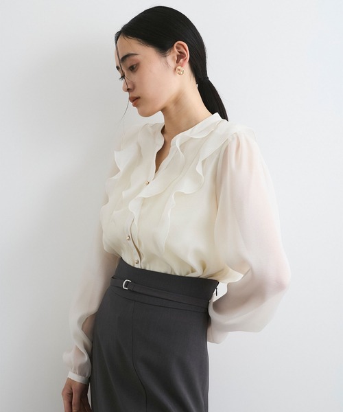 VIS（ビス）の「シアーラッフルブラウス/イージーケア（シャツ/ブラウス・レディース・ピンク/キナリ/ネイビー・FREE）」の5枚目の写真