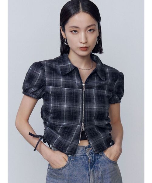 セール】ストリングリボンジップシャツトップ（Tシャツ
