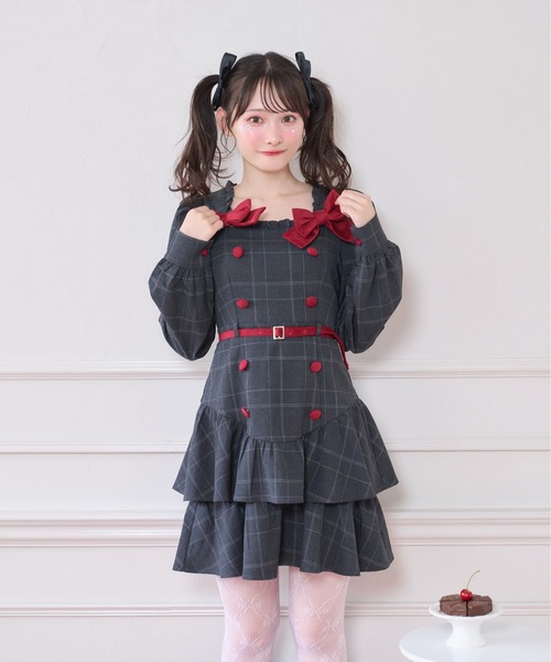 セール】ベロアリボン配色ワンピース（ワンピース）｜Honey Cinnamon