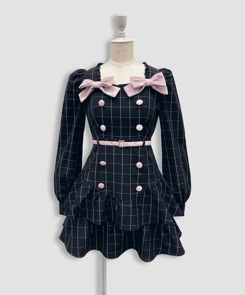 セール】ベロアリボン配色ワンピース（ワンピース）｜Honey Cinnamon