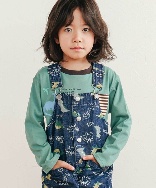 SLAP SLIP（スラップスリップ）の「【お揃い】デニムツイル恐竜ロケット総柄サロペット(80~120cm)（サロペット/オーバーオール・キッズ・ブルー系その他2/ベージュ系その他・80ｃｍ/110cm/120cm/100cm/90cm）」の4枚目の写真