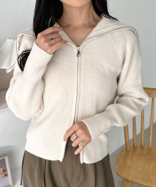 CLEA(クレア)の「セーラーカラーダブルジップニットトップス(ニット/セーター・レディース・ブラック/アイボリー/ベージュ/グレー・FREE)」の6枚目の写真