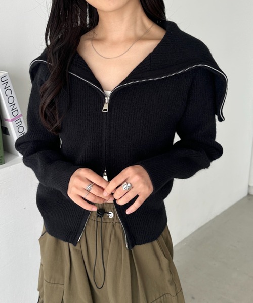 CLEA(クレア)の「セーラーカラーダブルジップニットトップス(ニット/セーター・レディース・ブラック/アイボリー/ベージュ/グレー・FREE)」の9枚目の写真