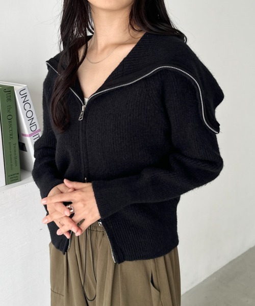 CLEA(クレア)の「セーラーカラーダブルジップニットトップス(ニット/セーター・レディース・ブラック/アイボリー/ベージュ/グレー・FREE)」の13枚目の写真