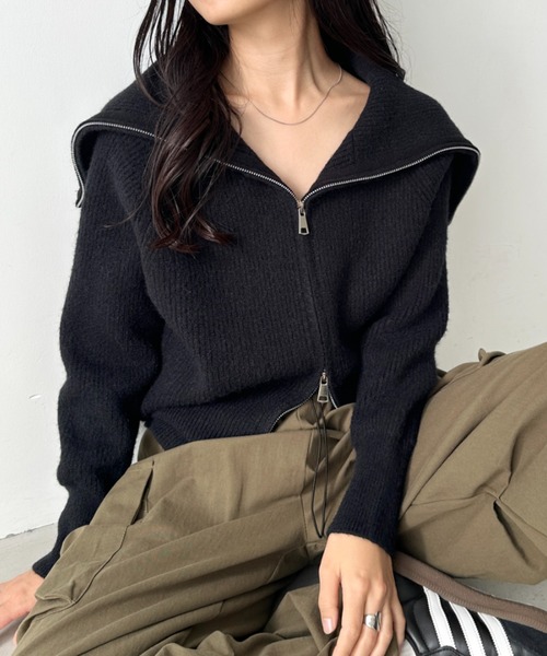 CLEA(クレア)の「セーラーカラーダブルジップニットトップス(ニット/セーター・レディース・ブラック/アイボリー/ベージュ/グレー・FREE)」の16枚目の写真