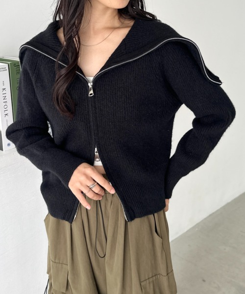CLEA(クレア)の「セーラーカラーダブルジップニットトップス(ニット/セーター・レディース・ブラック/アイボリー/ベージュ/グレー・FREE)」の11枚目の写真