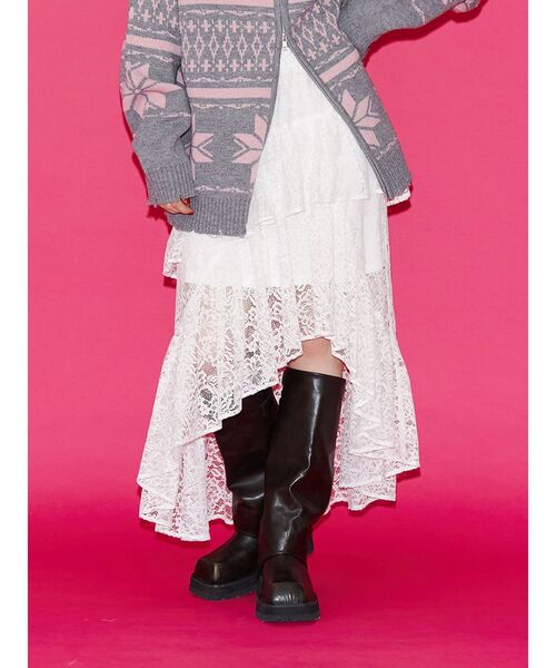 jouetie（ジュエティ）の「アシメヘムシアーロングレーススカート（スカート・レディース・ブラック/オフホワイト/ブルー・MEDIUM）」の2枚目の写真
