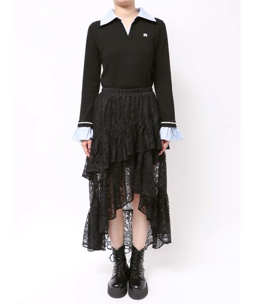 jouetie（ジュエティ）の「アシメヘムシアーロングレーススカート（スカート・レディース・ブラック/オフホワイト/ブルー・MEDIUM）」の10枚目の写真