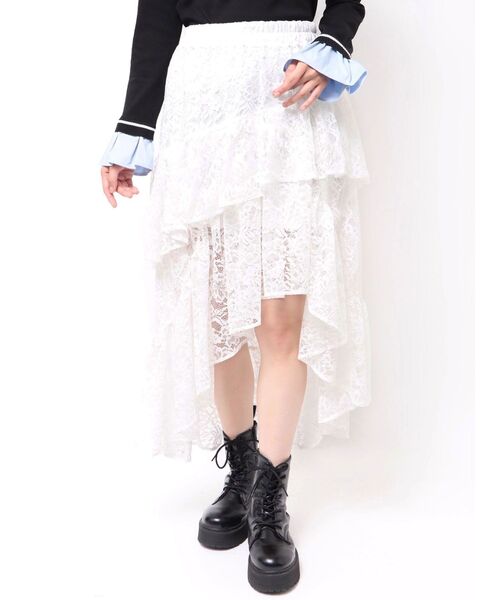 jouetie（ジュエティ）の「アシメヘムシアーロングレーススカート（スカート・レディース・ブラック/オフホワイト/ブルー・MEDIUM）」の14枚目の写真