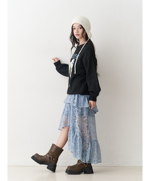 jouetie（ジュエティ）の「アシメヘムシアーロングレーススカート（スカート・レディース・ブラック/オフホワイト/ブルー・MEDIUM）」の5枚目の写真