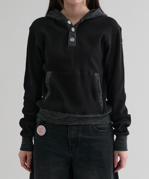 Henly パーカー セール】【EPNK】Waffle henry neck hoodie / ワッフルヘンリーネック