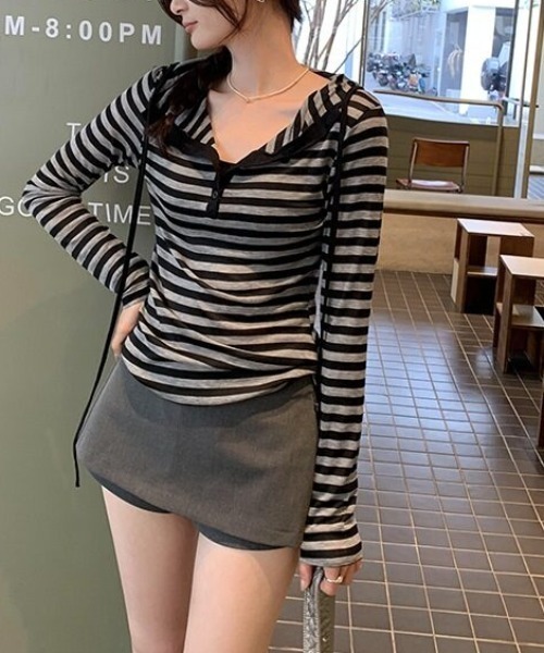 cammie(キャミー)の「フロントボタンボーダーフーディーロンT(Tシャツ/カットソー・レディース・ブラック・L/M)」の1枚目の写真