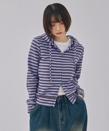 【Unblend】ボーダーダブルジップパーカーパープル系