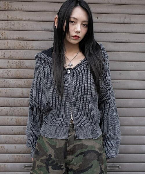 セール】WEGO/【25年秋冬新作】ダメージニットジップパーカー