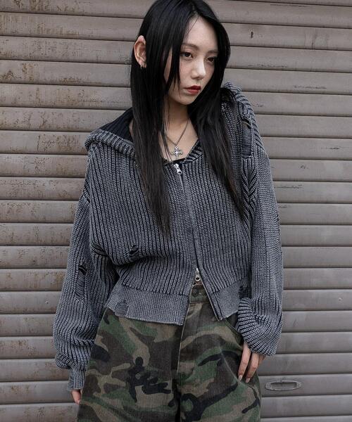 セール】WEGO/【25年秋冬新作】ダメージニットジップパーカー