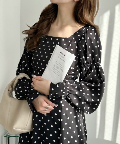 セール】スクエアネック パフスリーブ フレアワンピース ドット 無地