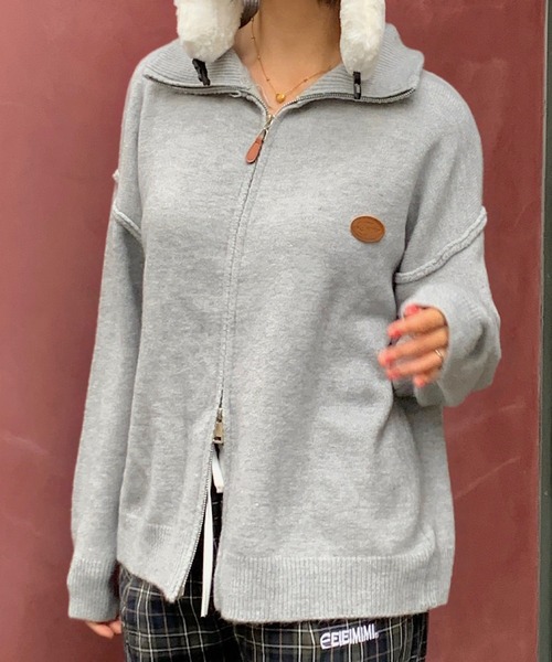 Teem Store(チームストア)の「ダブルジップワンポイントニットブルゾン スタンドネック(ニット/セーター・レディース・アイボリー/ワイン/ブラック/グレー・F)」の3枚目の写真