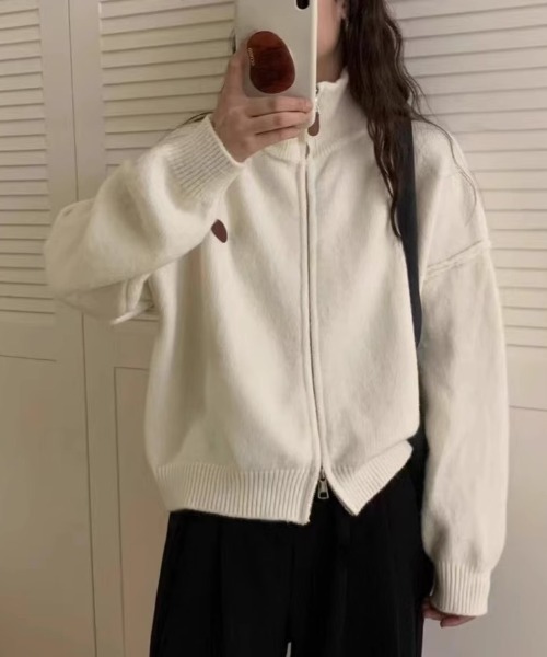 Teem Store(チームストア)の「ダブルジップワンポイントニットブルゾン スタンドネック(ニット/セーター・レディース・アイボリー/ワイン/ブラック/グレー・F)」の5枚目の写真