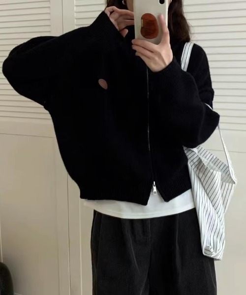 Teem Store(チームストア)の「ダブルジップワンポイントニットブルゾン スタンドネック(ニット/セーター・レディース・アイボリー/ワイン/ブラック/グレー・F)」の8枚目の写真