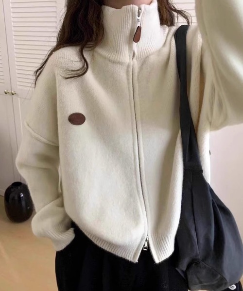 Teem Store(チームストア)の「ダブルジップワンポイントニットブルゾン スタンドネック(ニット/セーター・レディース・アイボリー/ワイン/ブラック/グレー・F)」の6枚目の写真