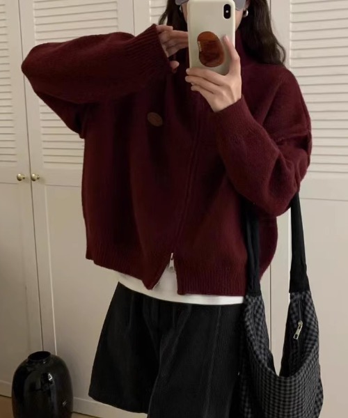 Teem Store(チームストア)の「ダブルジップワンポイントニットブルゾン スタンドネック(ニット/セーター・レディース・アイボリー/ワイン/ブラック/グレー・F)」の10枚目の写真