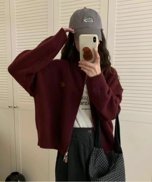 Teem Store(チームストア)の「ダブルジップワンポイントニットブルゾン スタンドネック(ニット/セーター・レディース・アイボリー/ワイン/ブラック/グレー・F)」の11枚目の写真