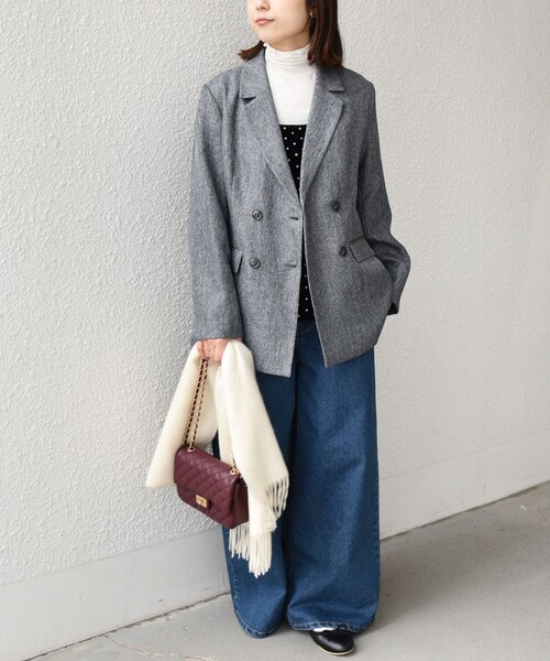 スローブイエナシャギーヘリンボーンジャケットグレー ダブル テーラードジャケット スローブイエナシャギーヘリンボーンジャケットグレー ダブル