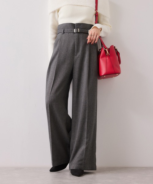 セール】起毛ウールライク版ベルトディテールタックワイドパンツ