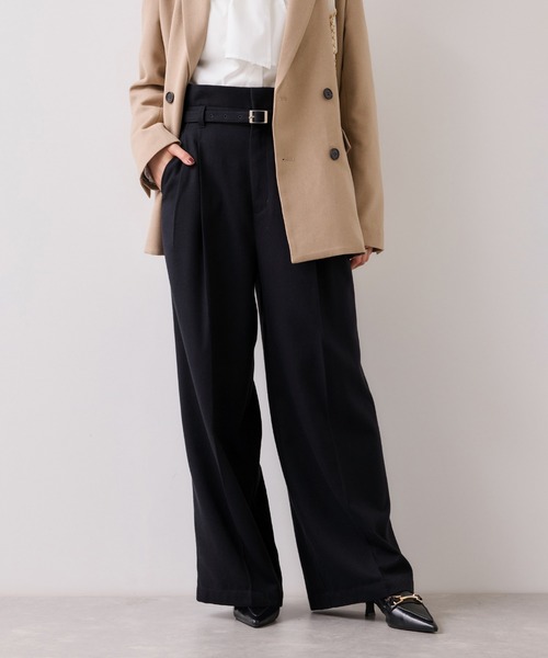 VIS（ビス）の「起毛ウールライク版ベルトディテールタックワイドパンツ（その他パンツ・レディース・スミクロ/キナリ/グレー・SS/S/M）」の2枚目の写真