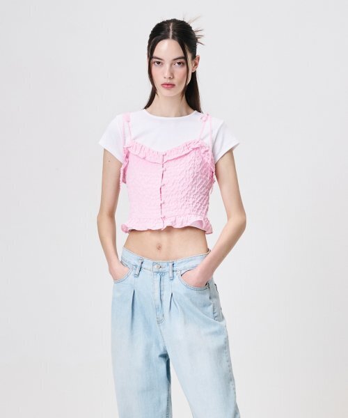 Frill Button Sleeveless Blouse, Pink（シャツ/ブラウス）｜ETMON