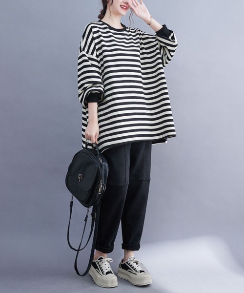 SallyLunn（サリーラン）の「オーバーサイズボーダーロンT（Tシャツ/カットソー・レディース・スミクロ・MEDIUM/LARGE）」の2枚目の写真