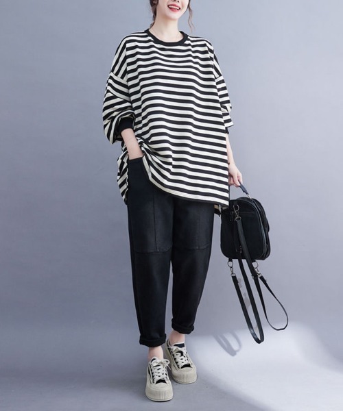 SallyLunn（サリーラン）の「オーバーサイズボーダーロンT（Tシャツ/カットソー・レディース・スミクロ・MEDIUM/LARGE）」の4枚目の写真