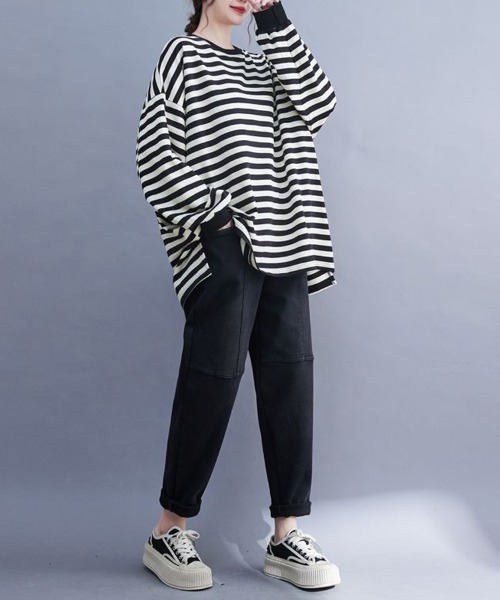 SallyLunn（サリーラン）の「オーバーサイズボーダーロンT（Tシャツ/カットソー・レディース・スミクロ・MEDIUM/LARGE）」の3枚目の写真