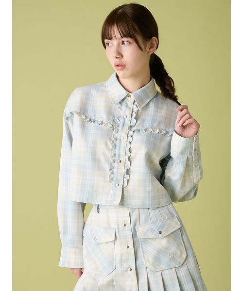 FURFUR（ファーファー）の「チェック柄クロップドフリルシャツ（シャツ/ブラウス・レディース・ブラック/ライトブルー/ベージュ・F）」の9枚目の写真