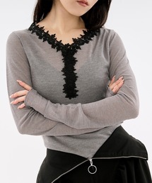 Ezick | flower lace trim sheer tee レーストリムシルキータッチロンT(Tシャツ/カットソー)