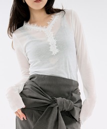 Ezick | flower lace trim sheer tee レーストリムシルキータッチシアートップス(Tシャツ/カットソー)