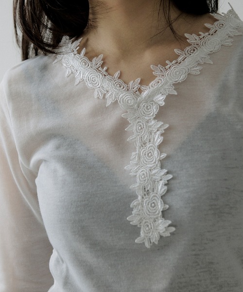 Ezick（エジック）の「flower lace trim sheer tee レーストリムシルキータッチロンT（Tシャツ/カットソー・レディース・グレー/オフホワイト・FREE）」の11枚目の写真