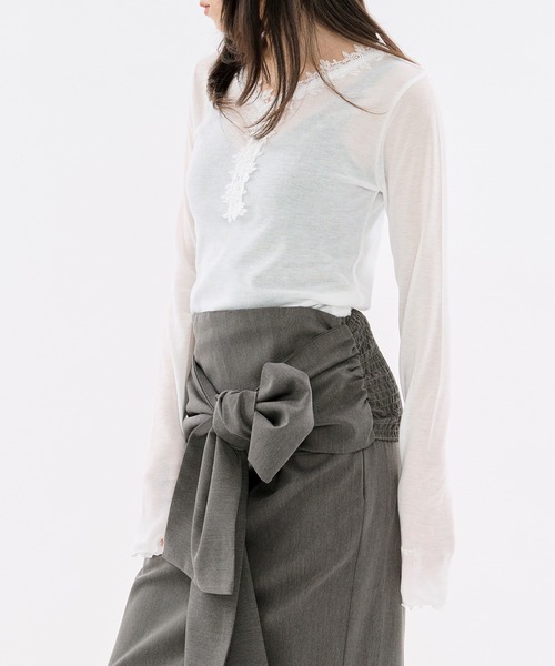 Ezick（エジック）の「flower lace trim sheer tee レーストリムシルキータッチロンT（Tシャツ/カットソー・レディース・グレー/オフホワイト・FREE）」の15枚目の写真