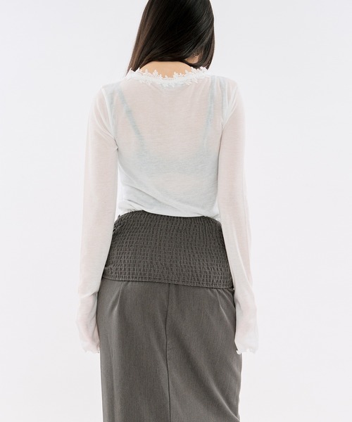 Ezick（エジック）の「flower lace trim sheer tee レーストリムシルキータッチロンT（Tシャツ/カットソー・レディース・グレー/オフホワイト・FREE）」の17枚目の写真