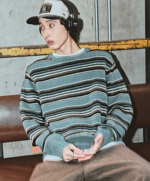 Bleme（ブレム）の「100%ウール ヴィンテージ配色 マルチボーダーニット（ニット/セーター・メンズ・ブルー/ブラック/ホワイト・M/S/XL/L）」の3枚目の写真