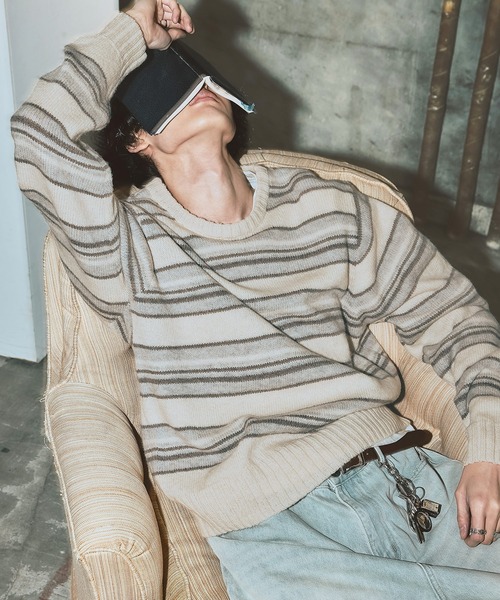 Bleme（ブレム）の「100%ウール ヴィンテージ配色 マルチボーダーニット（ニット/セーター・メンズ・ブルー/ブラック/ホワイト・M/S/XL/L）」の4枚目の写真