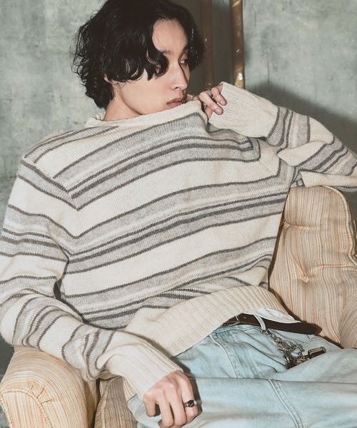 Bleme（ブレム）の「100%ウール ヴィンテージ配色 マルチボーダーニット（ニット/セーター・メンズ・ブルー/ブラック/ホワイト・M/S/XL/L）」の5枚目の写真