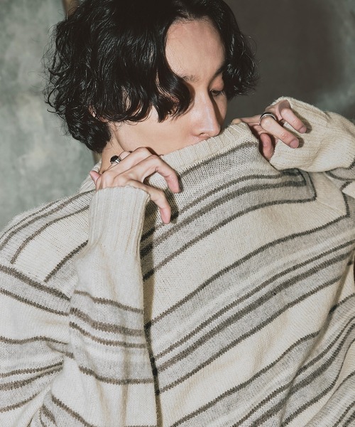 Bleme（ブレム）の「100%ウール ヴィンテージ配色 マルチボーダーニット（ニット/セーター・メンズ・ブルー/ブラック/ホワイト・M/S/XL/L）」の6枚目の写真