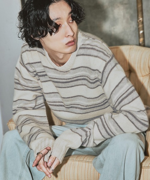 Bleme（ブレム）の「100%ウール ヴィンテージ配色 マルチボーダーニット（ニット/セーター・メンズ・ブルー/ブラック/ホワイト・M/S/XL/L）」の7枚目の写真