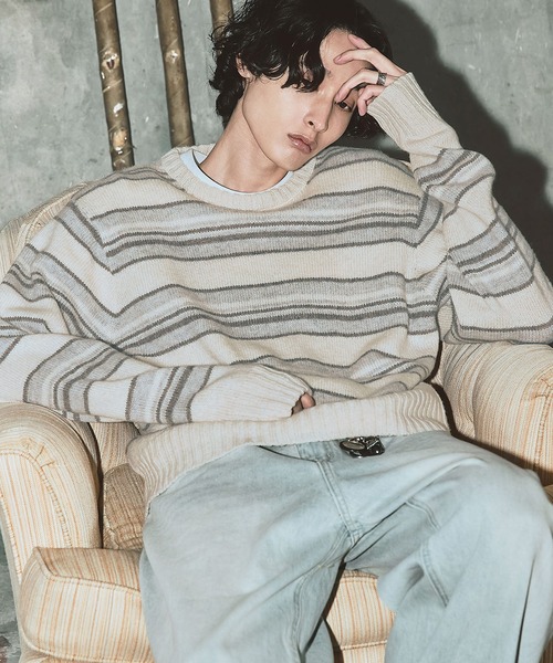 Bleme（ブレム）の「100%ウール ヴィンテージ配色 マルチボーダーニット（ニット/セーター・メンズ・ブルー/ブラック/ホワイト・M/S/XL/L）」の8枚目の写真