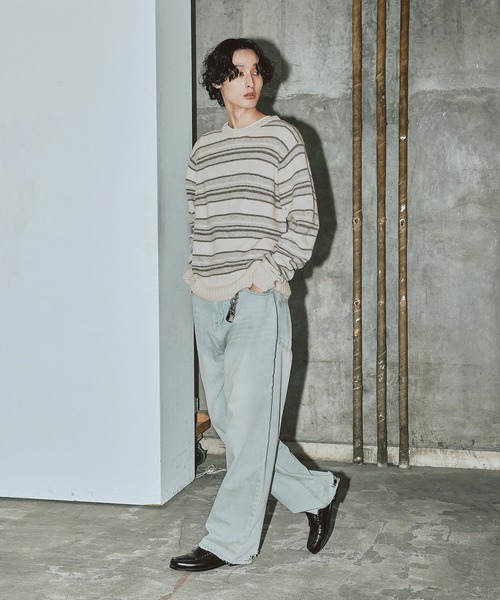 Bleme（ブレム）の「100%ウール ヴィンテージ配色 マルチボーダーニット（ニット/セーター・メンズ・ブルー/ブラック/ホワイト・M/S/XL/L）」の9枚目の写真