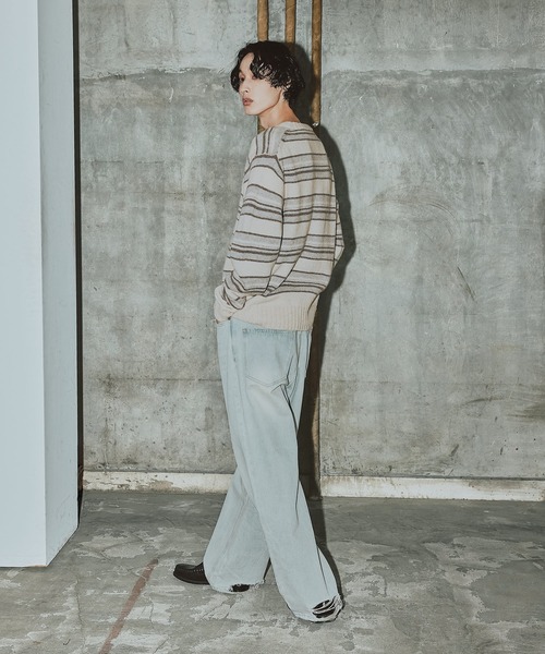 Bleme（ブレム）の「100%ウール ヴィンテージ配色 マルチボーダーニット（ニット/セーター・メンズ・ブルー/ブラック/ホワイト・M/S/XL/L）」の10枚目の写真