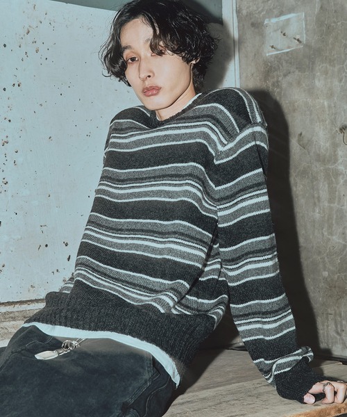 Bleme（ブレム）の「100%ウール ヴィンテージ配色 マルチボーダーニット（ニット/セーター・メンズ・ブルー/ブラック/ホワイト・M/S/XL/L）」の12枚目の写真