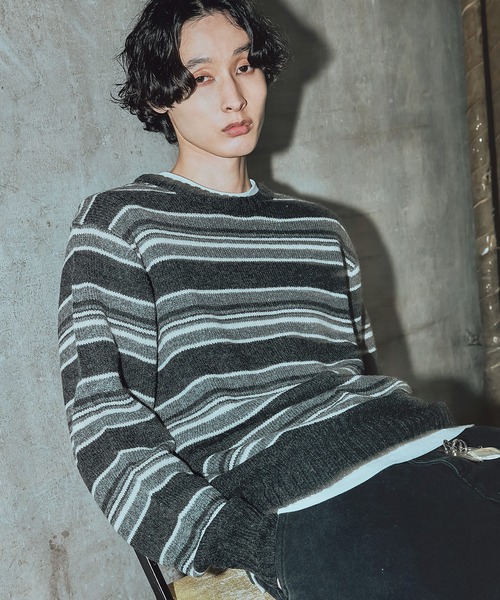 Bleme（ブレム）の「100%ウール ヴィンテージ配色 マルチボーダーニット（ニット/セーター・メンズ・ブルー/ブラック/ホワイト・M/S/XL/L）」の13枚目の写真